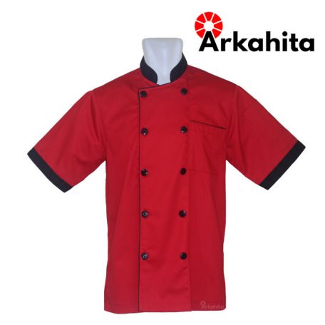 Baju Chef atau Baju Koki Lengan Pendek Merah Kombinasi CS301