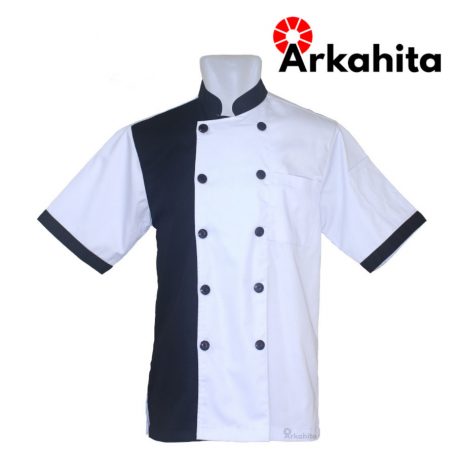 Baju Chef atau Baju Koki Lengan Pendek Putih Kombinasi Hitam CS105