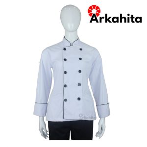 Baju Chef Wanita Lengan Panjang Putih Lis Hitam CW103