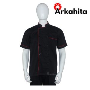 Baju Chef atau Baju Koki Lengan Pendek Hitam Lis Merah CS206