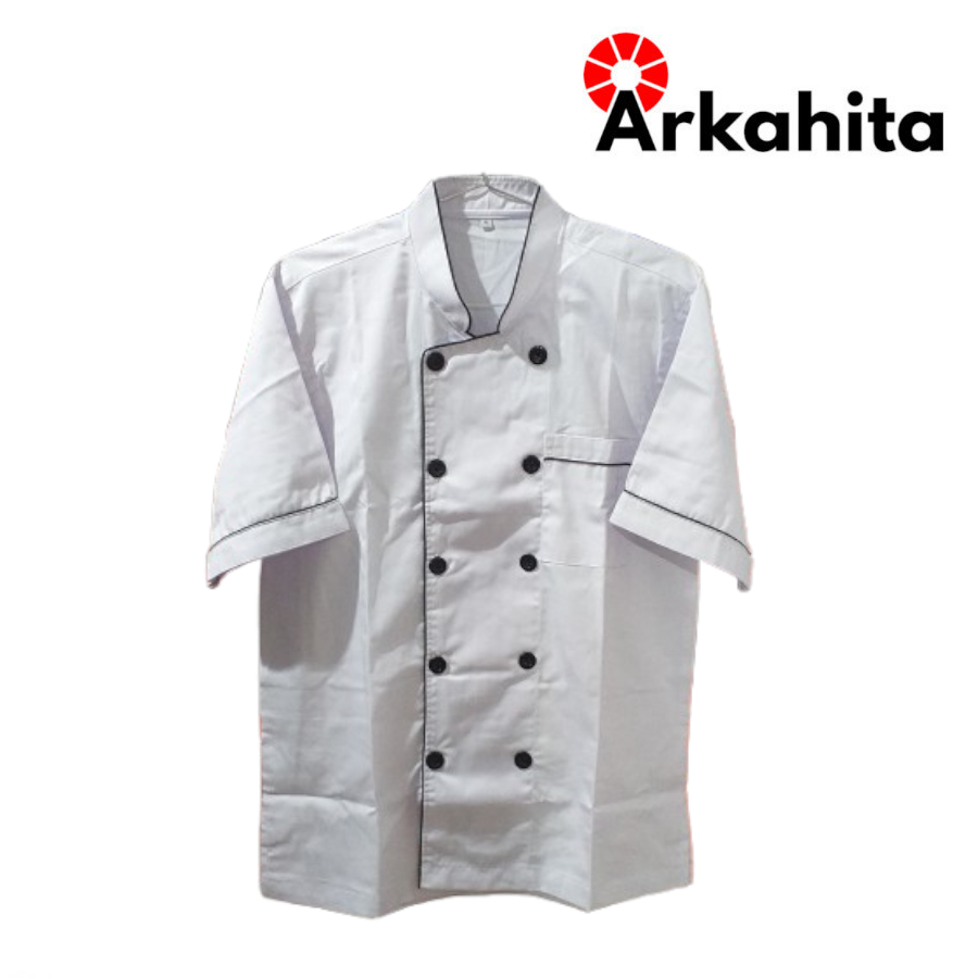 Baju Chef atau Baju Koki Lengan Pendek Putih Lis Hitam CS104-3 Baju Chef atau Baju Koki Lengan Pendek Putih Lis Hitam CS104-3