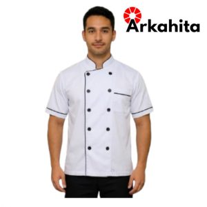 Baju Chef atau Baju Koki Lengan Pendek Putih Lis Hitam CS104